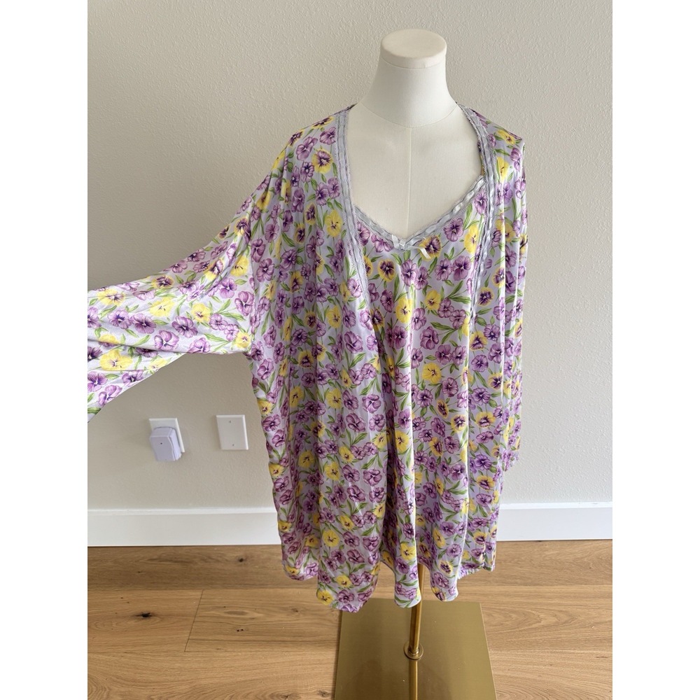Vintage Cabernet Purple Pansy Floral Satin Nightgown Robe Peignoir Set Sz 1X Y2K